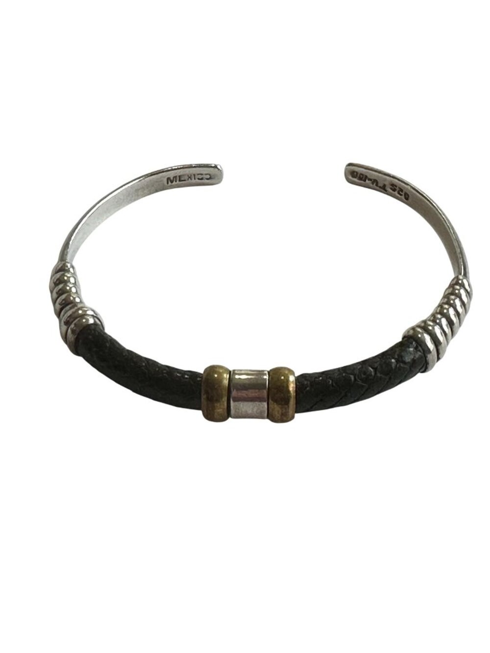 Sterling Silver 925 & Leather Cuff Bracelet With Brass Accents Handmade In Mexic